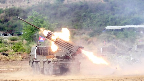 BM-21 rockets are fired from a truck-mounted launcher during a live-fire exercise on Tuesday. (Siv Channa)