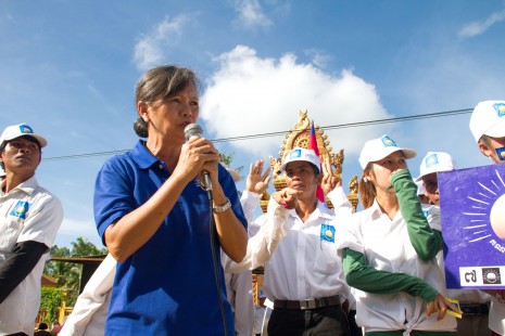 Cambodia National Rescue Party election candidate Mu Sochua campaigns in Battambang province this week. (Charlotte Pert)