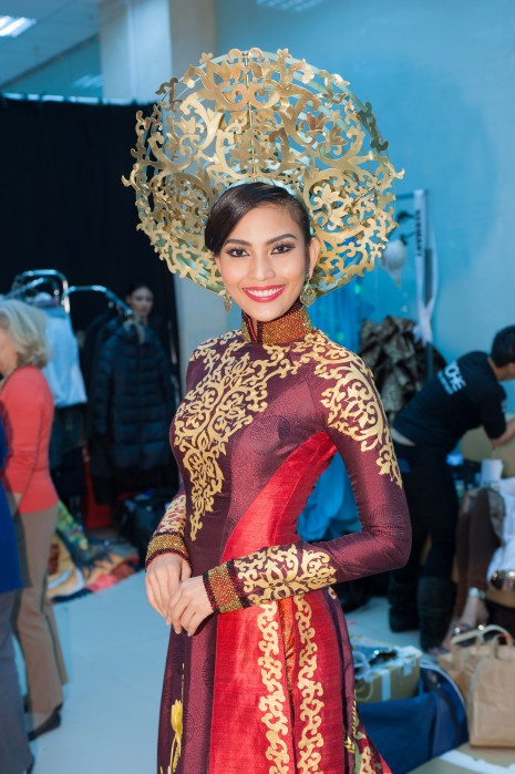 Miss Vietnam, Truong Thi May, whose Cambodian name is Reaksmey, poses backstage during the Miss Universe national costume show in Moscow on Sunday. Ms. May was born in Phnom Penh to ethnic Khmer parents. (Miss Universe)