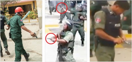 Police officers are seen in a photograph, left, and video footage, middle and right, brandishing and firing pistols in Phnom Penh's Meanchey district on Tuesday during clashes with stone-throwing protesters. A street-food vendor, Eng Sokhom, 49, was shot dead by the police gunfire and several other people were injured. Police have denied responsibility for the woman's death. (Thomas Cristofoletti for Ruom/Licadho/Euronews)