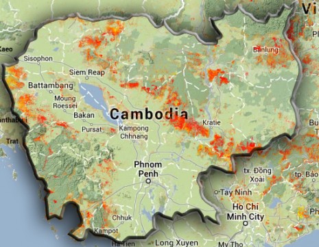 Areas of forest clearing across Cambodia between 2000 and 2012 appear in red in this map compiled using U.S. satellite data. (University of Maryland)