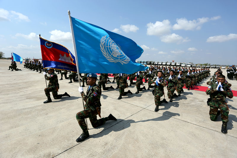 Royal Cambodian Armed Forces soldiers assemble Thursday before being deployed on a UN peacekeeping mission to Mali, where they will provide demining and engineering expertise. (Siv Channa)