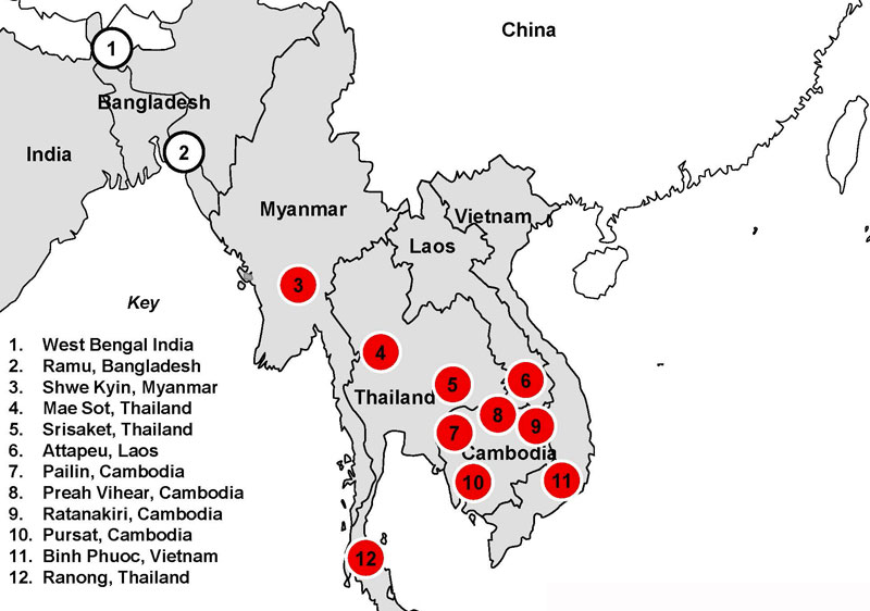 The red dots indicate areas where ACT drug-resistant strains of malaria have been confirmed. (Mahidol Oxford)