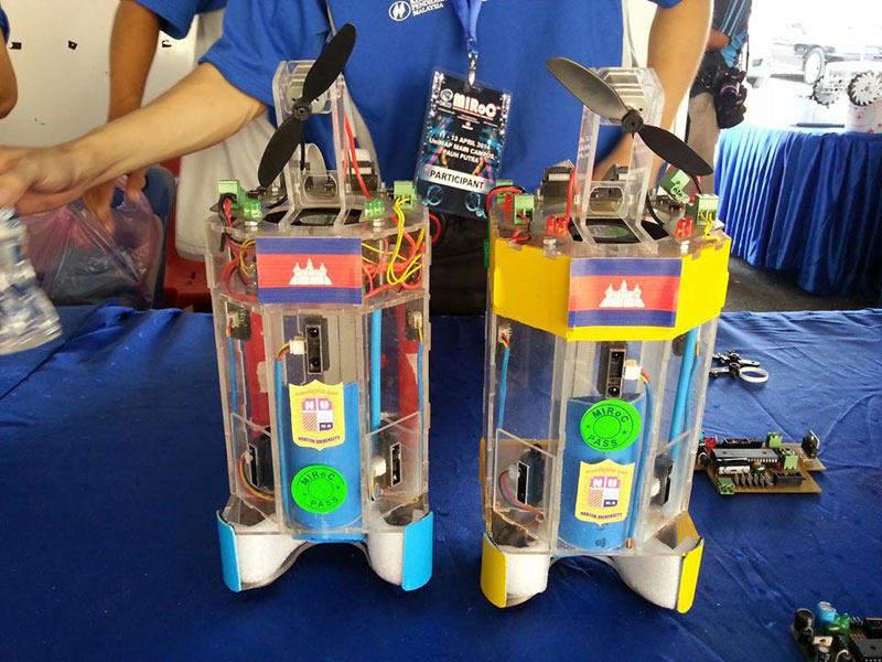 Cambodian University Wins Prize for Firefighting Robots 1 Robots built by students at Norton University's College of Science are displayed at the 4th Malaysian International Robot Competitions in Perlis, Malaysia. (Lay Romnea)