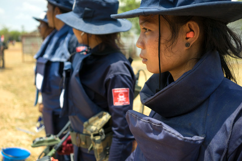 Members of a demining unit assemble at the Cambodian Mine Action Center training facility in Kompong Chhnang province on Thursday. (Thomas Christofoletti/Ruom)