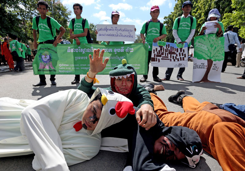 Activists mark World Environment Day in Phnom Penh on Thursday by dressing up as animals in protest against the leveling of the country's forests. (Siv Channa)