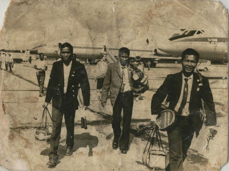 From left, Cambodian tennis players Yi Sarun, Pel Oum and Mey Rin arrive at Riga Airport in what is now known as Latvia, for an international tennis tournament in 1986. (Tennis Federation of Cambodia)
