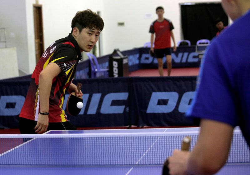 A competitor in the SEA Table Tennis Championships, which begins Saturday, trains at the Khmer Taekwondo Center in Phnom Penh's Olympic Stadium on Friday. (Siv Channa/The Cambodia Daily)