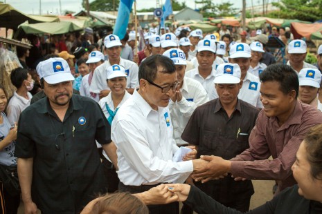Opposition leader Sam Rainsy meets with supporters on Saturday in Takeo province as he embarks on a seven-day campaign tour in which he will speak in 15 of Cambodia's 24 provinces. (Thomas Cristofoletti)
