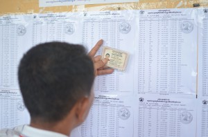 A voter looks for his name on the National Election Committee's voter list at Boeng Keng Kang High School in Phnom Penh in 2013. (Simon Marks/The Cambodia Daily)