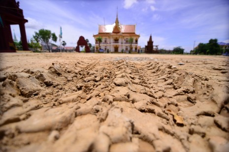 Track marks left by one of six armored personnel carriers at Wat Chan Borei Vong in Phnom Penh's Sen Sok district on Friday (Lauren Crothers/The Cambodia Daily)