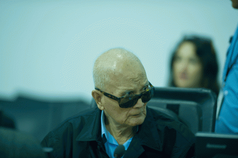 Former Khmer Rouge leader Nuon Chea sits in the courtroom at the Extraordinary Chamber in the Courts of Cambodia yesterday to hear closing statements in the first trial against him for crimes against humanity and war crimes. (ECCC)