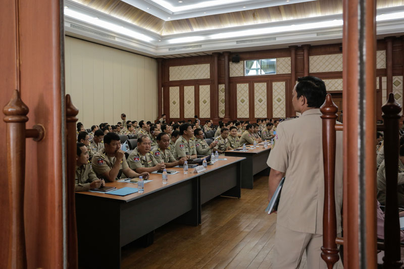 Police officials from all 24 provinces and Phnom Penh meet at the Interior Ministry on Wednesday to discuss strengthening immigration policy. (Siv Channa/The Cambodia Daily)