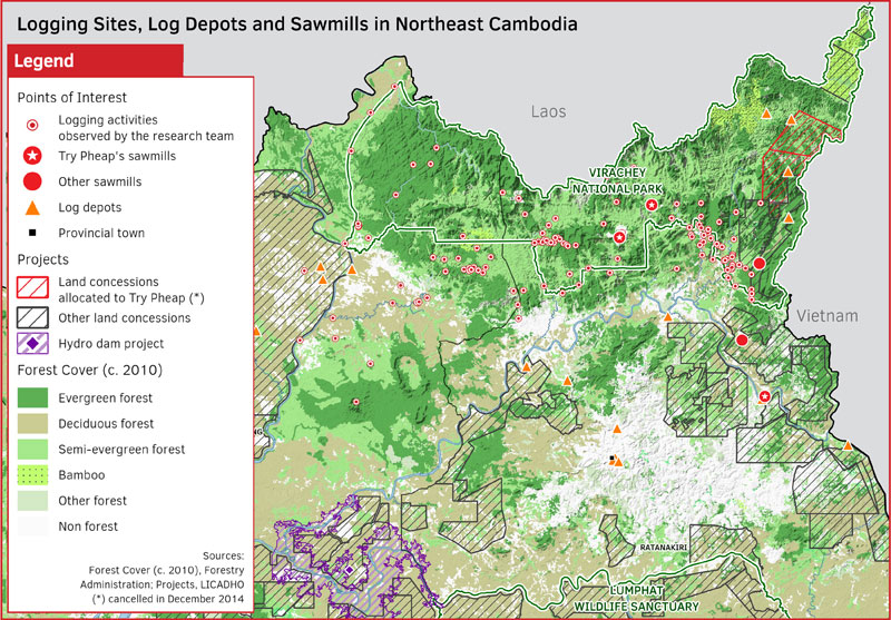 A map of Ratanakkiri province, including Virachey National Park, showing logging activity, timber depots and sawmills linked to timber magnate Try Pheap. (Global Witness)