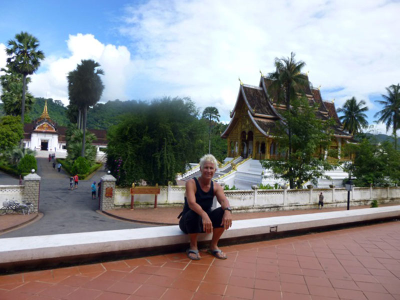 Katherine Grgich poses for a photograph outside a Buddhist temple during the trip that ended with her death on Koh Rong. (The Grgich Family)