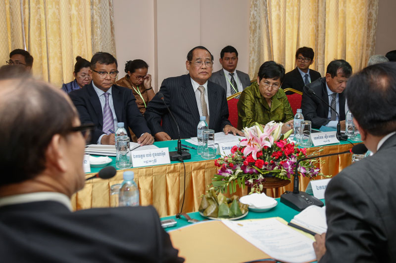 From left: The ministers of education, religion, culture and tourism are questioned by lawmakers at the National Assembly in Phnom Penh on Monday. (Siv Channa/The Cambodia Daily)