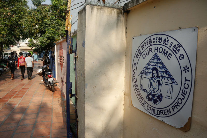 A sign outside the Our Home orphanage in Phnom Penh's Meanchey district, which was shut down Thursday after the arrest of its director. (Siv Channa/The Cambodia Daily)