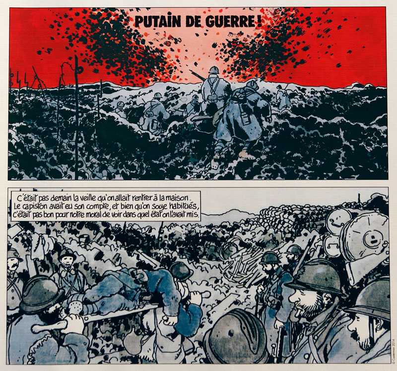 Illustrations by Jacques Tardi displayed in the exhibition 'F—ing War: Tardi, Verney and the Great War'. (Siv Channa/The Cambodia Daily)