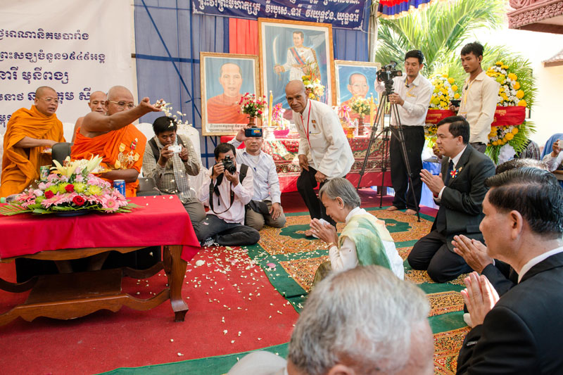 Monks bless Sisowath Pongneary Monypong, a representative of King Norodom Sihamoni, during a ceremony Thursday at Phnom Penh's Wat Chas to mark the 66th anniversary of the Kampuchea Krom provinces being formally ceded to Vietnam by colonial France. (William Kelly)