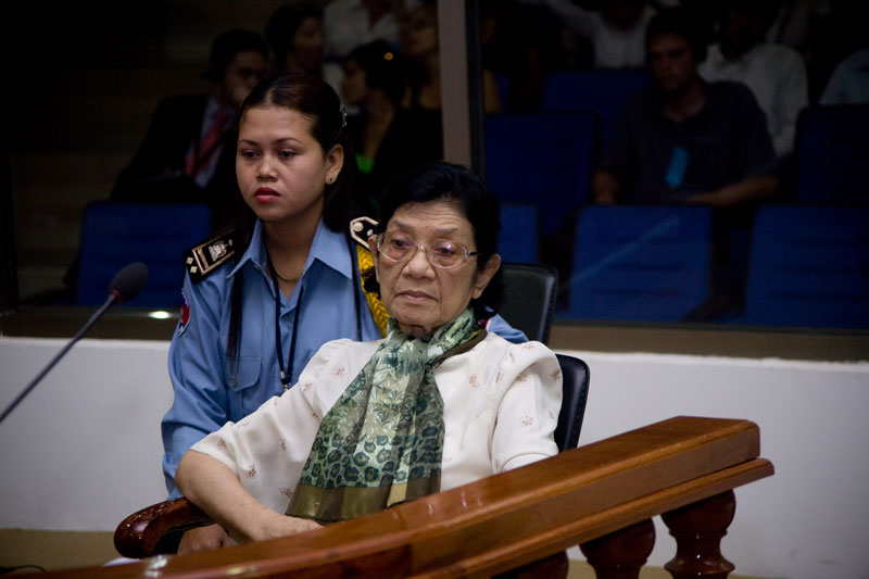 Ieng Thirith sits in the dock during a pretrial hearing at the Khmer Rouge tribunal in Phnom Penh in February 2009. (John Vink)