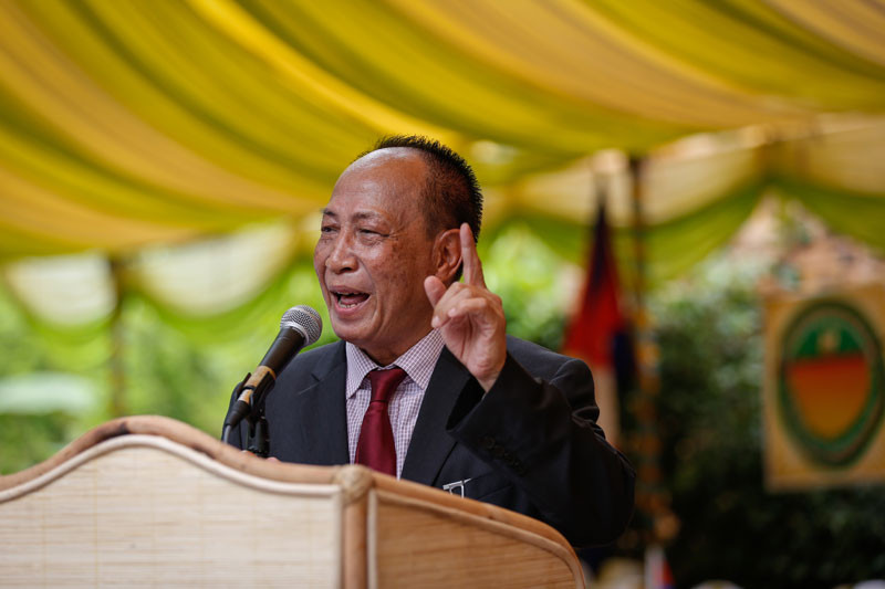 Mam Sonando addresses supporters at the first congress of his new Beehive Social Democratic Party in Kandal province last year. (Siv Channa/The Cambodia Daily)