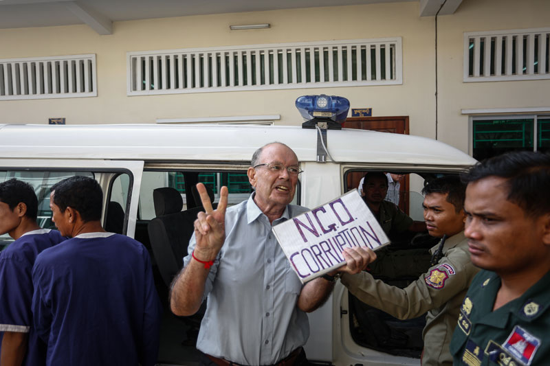 British convicted rapist David Fletcher arrives at the Appeal Court in Phnom Penh on Monday. (Siv Channa/The Cambodia Daily)