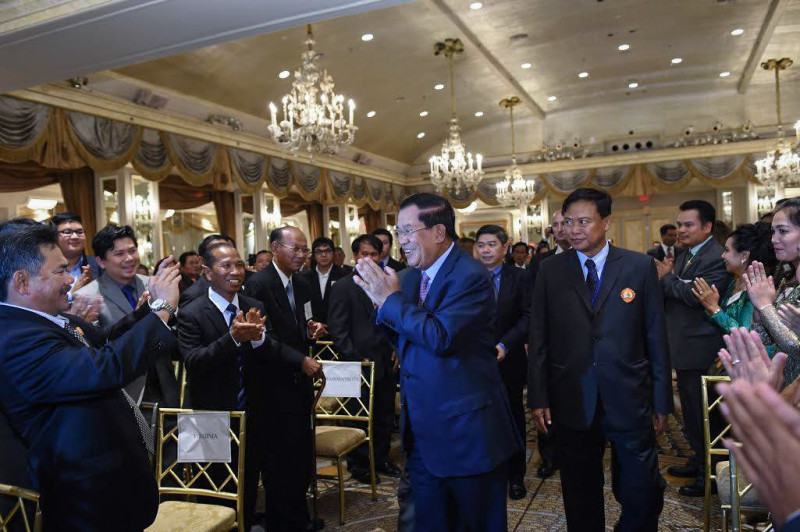 Prime Minister Hun Sen greets Cambodian expatriates in New York on Thursday, in a photo posted to Mr Hun Sen's Facebook page.