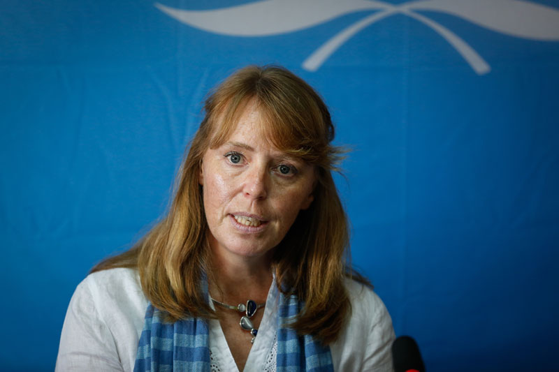 Rhona Smith speaks at a press conference at the UN's Office of the High Commissioner for Human Rights in Phnom Penh on Thursday. (Siv Channa/The Cambodia Daily)