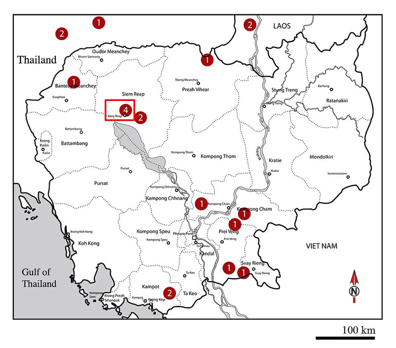 A map showing the number and location of inscriptions marking the establishment of ashrama. (Ecole Francaise d’Extreme-Orient)