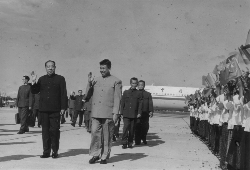 Pol Pot, right, greets Chinese communist official Wang Dongxing at Phnom Penh's Pochentong Airport in early November 1978, two months before Vietnamese troops entered Phnom Penh and overthrew the regime. Behind them stand Khmer Rouge leaders Khieu Samphan and Nuon Chea. (Documentation Center of Cambodia Archives)