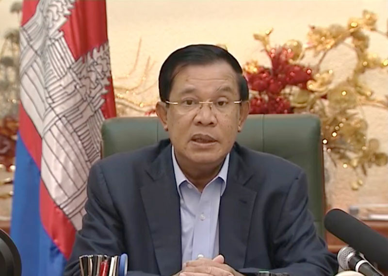 Prime Minister Hun Sen speaks in a still image from his televised address last night.