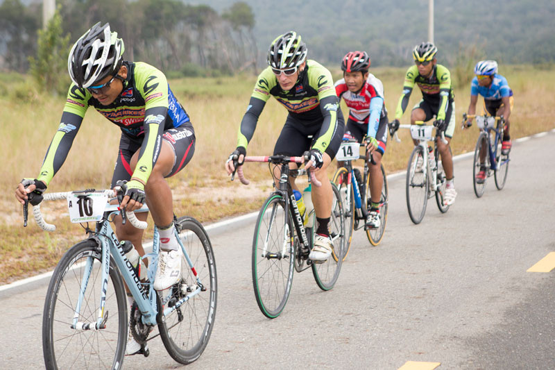 Cyclists compete in the elite road bike race on Bokor Mountain Friday morning. (Olivia Harlow