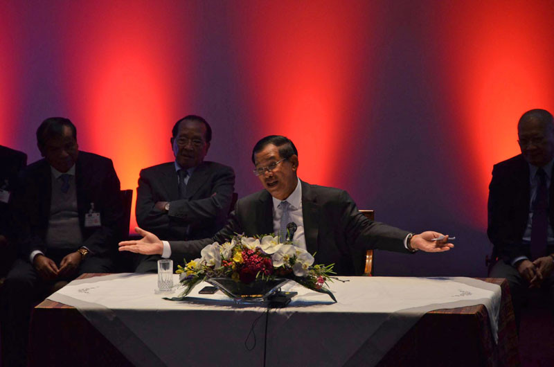 Prime Minister Hun Sen speaks in Paris on Sunday, in a photograph posted to his personal Facebook page.