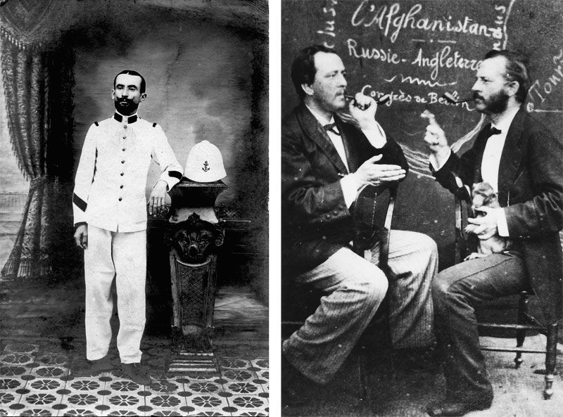 Left: A colonial Frenchman in official uniform (From 'Picture Postcards of Cambodia' by Joel Montague); Right: Frederic Thomas-Caraman, right, in the late 1870s (Archives of Marie-Therese Thomas-Carman)