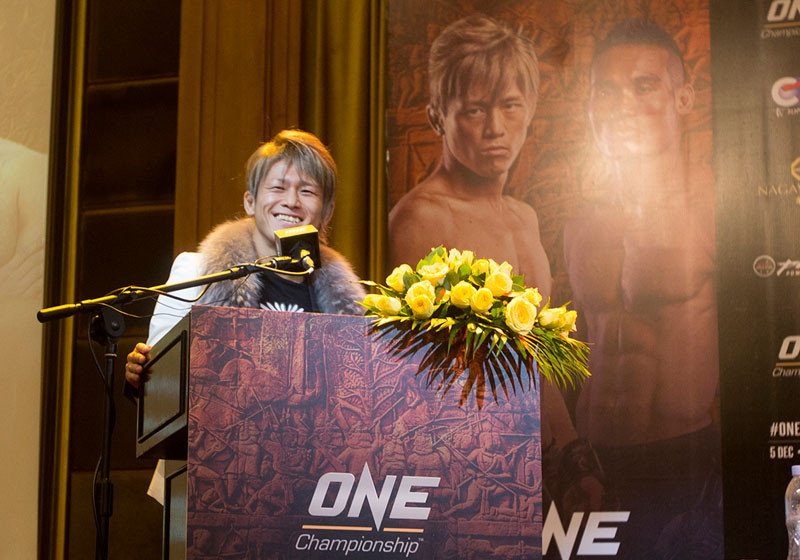 Japanese fighter Riku Shibuya speaks at a press conference to announce 'ONE: Kingdom of Khmer' in Phnom Penh on Thursday. (Olivia Harlow) 