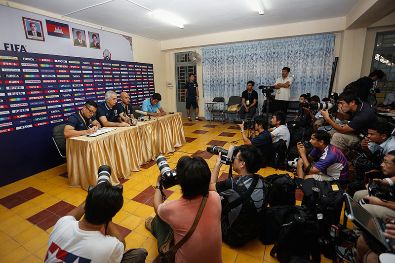 Japan coach Vahid Halilhodzic, second from left, speaks during a press conference at Olympic Stadium in Phnom Penh on Monday. (Siv Channa/The Cambodia Daily) 