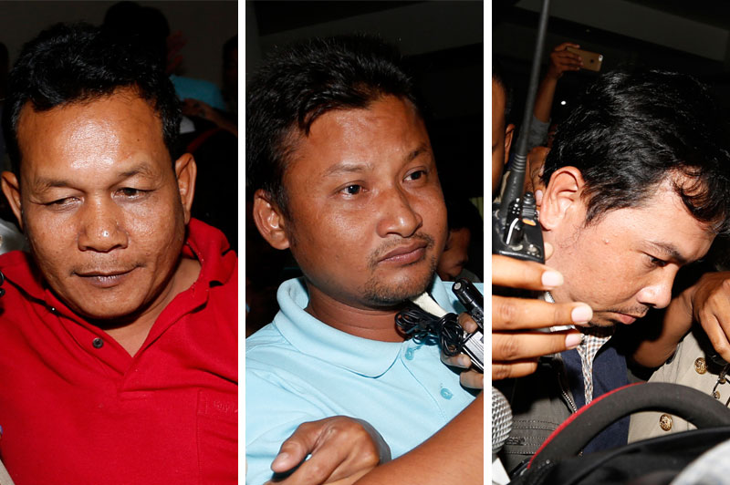 From left to right: Suth Vanny, Mao Hoeun, and Chay Sarith appear outside the Phnom Penh Municipal Court on Wednesday. (Siv Channa/The Cambodia Daily and Pring Samrang)