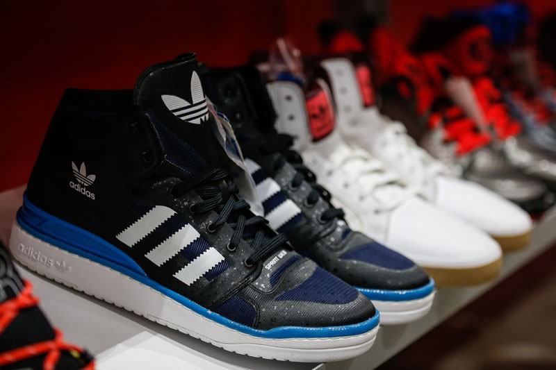Adidas shoes are displayed at a shop in Phnom Penh on Tuesday. (Siv Channa/The Cambodia Daily)