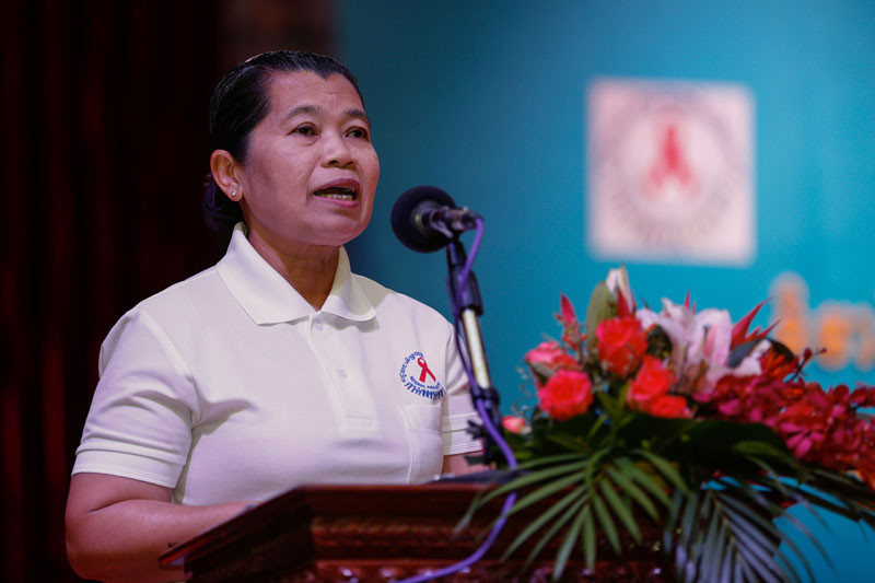 Deputy Prime Minister Men Sam An speaks during an event to mark World AIDS Day in Phnom Penh on Tuesday. (Siv Channa/The Cambodia Daily)