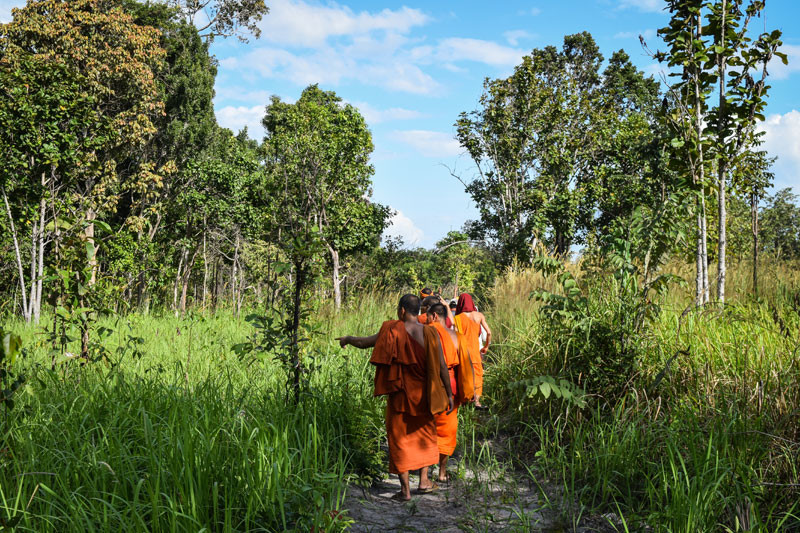 Monks from Phnom Penh walk through the community forest next to Pur Meas village in Kompong Speu province last week. (Peter Ford/The Cambodia Daily) 