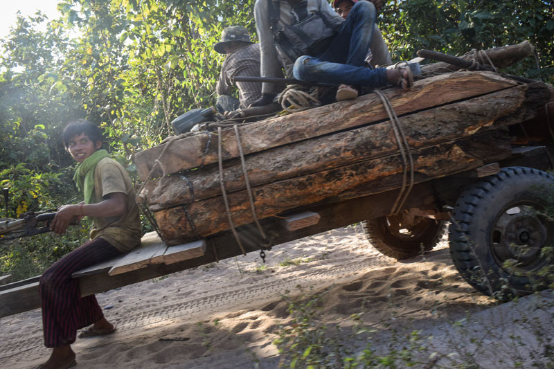 A tractor transports timber near Phnom Aural in Kompong Speu province last week. (Peter Ford/The Cambodia Daily)