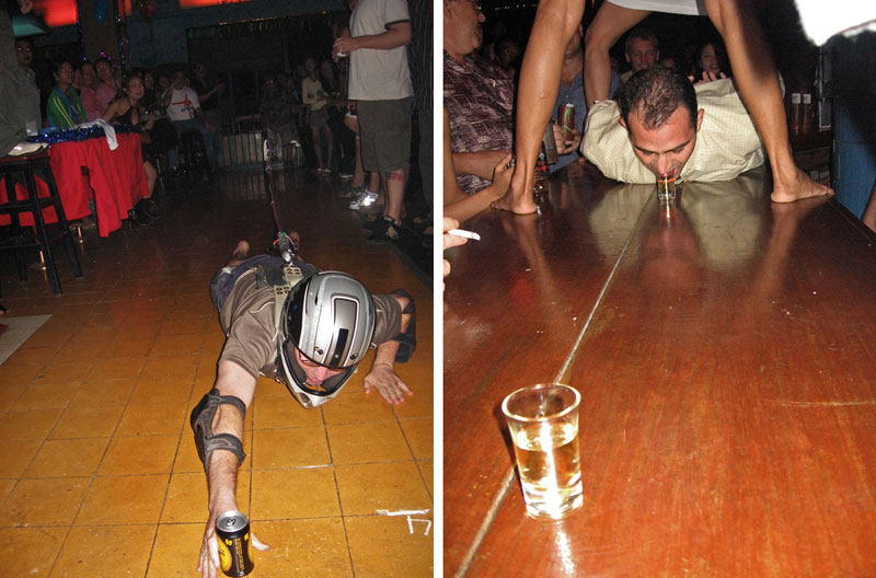 Left: A man attached to a bungee cord dives for a beer can at Sharky in 2005. Right: A patron with hands tied behind his back partakes in the ‘Golden Tequila Mile’ competition in 2005. Contestants must crawl under a tunnel of legs while drinking a tequila shot and finish with a double shot of Cuervo gold. (Sharky Bar)