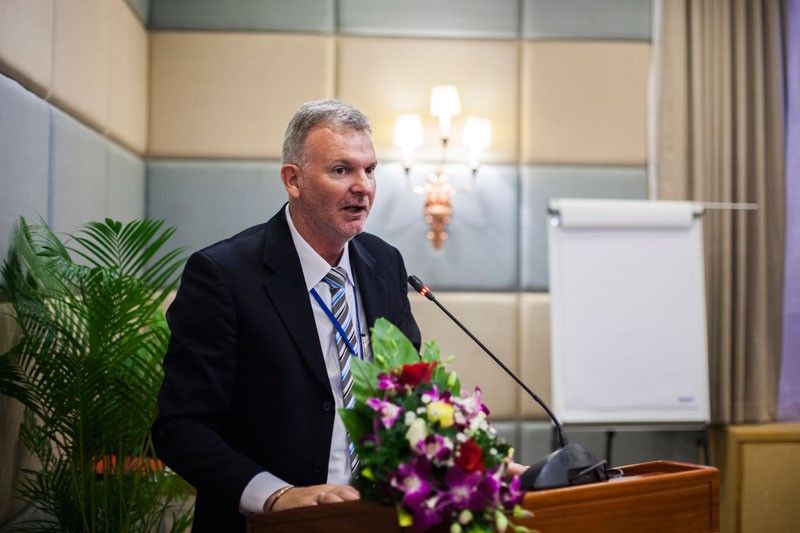 James McCabe, director of operations for the Child Protection Unit, speaks during the opening of a two-day conference on crimes against children at the Sokha hotel in Phnom Penh on Tuesday. (Jens Welding Ollgaard/The Cambodia Daily) 