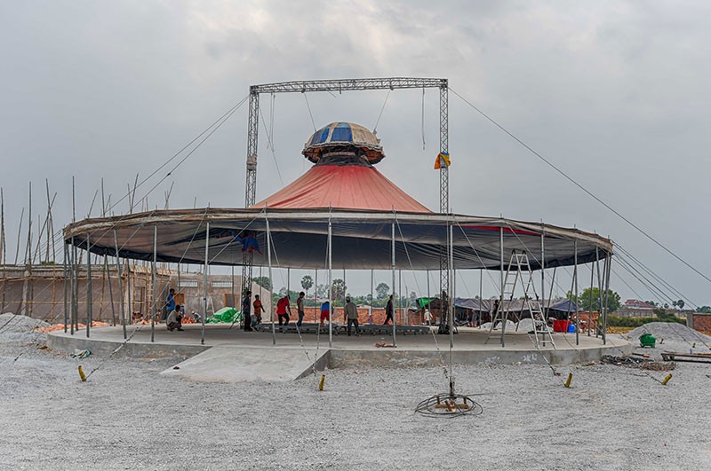 Workers set up Phare’s big top at its new site near Siem Reap City. (Scott Sharick)