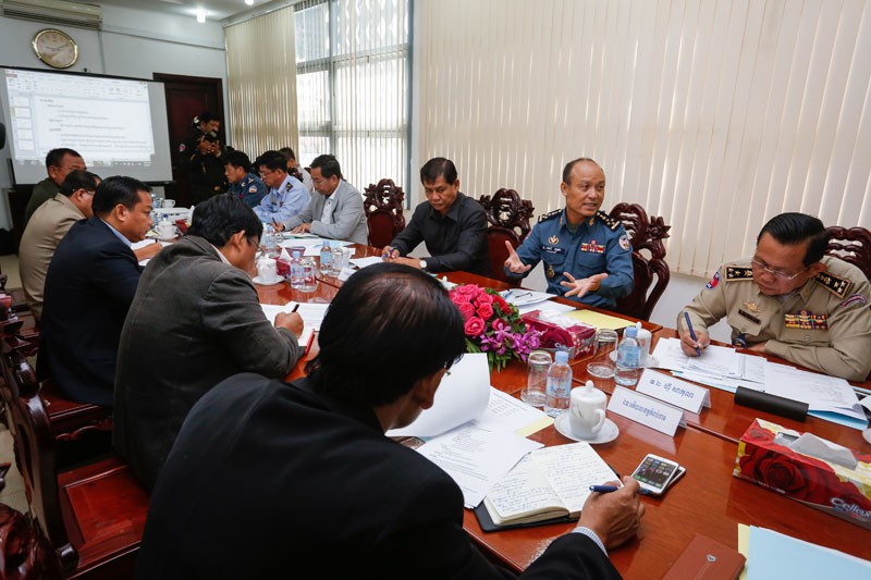 National Military Police Commander Sao Sokha, second from right, heads a meeting in Phnom Penh on Monday of a new task force charged with combatting illegal logging in eastern Cambodia. (Siv Channa/The Cambodia Daily)