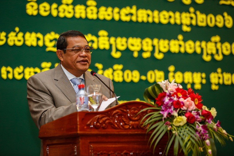 Ke Kim Yan, chairman of the National Authority for Combating Drugs, speaks at the Interior Ministry in Phnom Penh on Monday. (Siv Channa/The Cambodia Daily) 