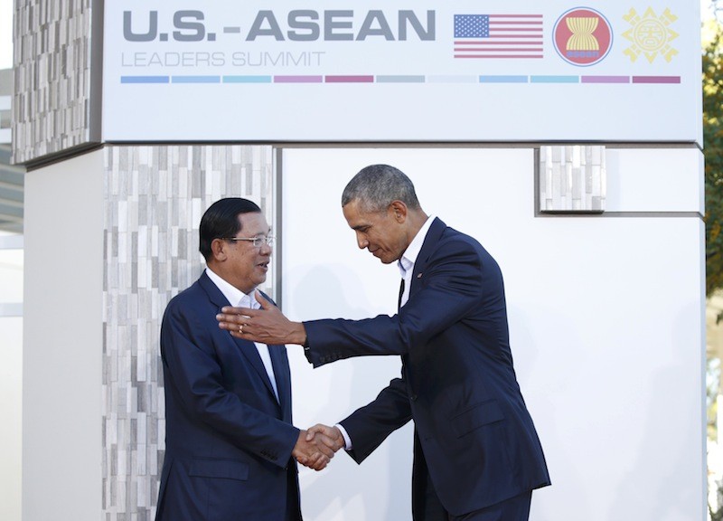 US President Barack Obama greets Prime Minister Hun Sen on the first day of the US-Asean summit in Rancho Mirage, California, on Monday. (Reuters) 