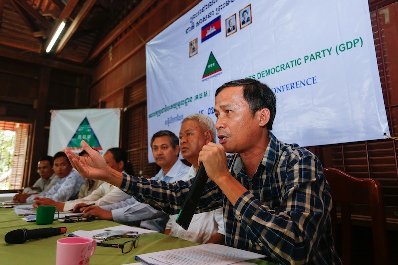Yang Saing Koma, the newly appointed program director for the Grassroots Democracy Party, speaks during a press conference at the party's Phnom Penh headquarters yesterday. (Siv Channa/The Cambodia Daily)