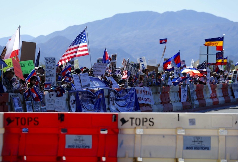 Protesters demonstrate against Prime Minister Hun Sen outside the Sunnylands resort in Rancho Mirage, California, on Monday. (Reuters)