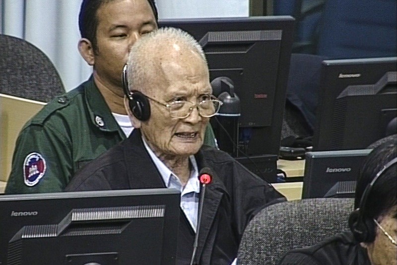 Nuon Chea speaks at the Khmer Rouge tribunal on Thursday in a still image from the court's video feed. (ECCC)